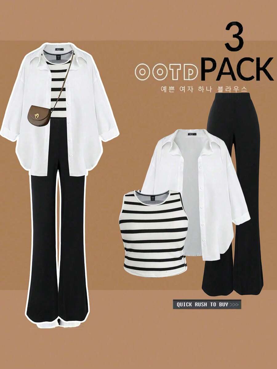 Flirla Plus Size 3-Piece Set Casual Vest,Shirt And Pants - Multicolor - View 1