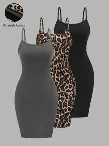 SHEIN LUNE Đầm ôm body họa tiết da báo cỡ lớn có túi, váy ngắn gợi cảm thường ngày bằng vải gân, váy làm mát, trang phục giải tỏa căng thẳng, đồ mặc nhà thời trang thanh lịch dành cho nữ - Nhiều màu - Xem 1