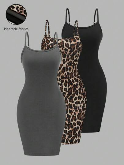 SHEIN LUNE Plus Size Leopard Print Camisole Bodycon Pocket , Ribbed Fabric Casual Sexy Mini Dress, Cooling Dress, Stress Relief Outfit, Elegant Fashion Women Loungewear