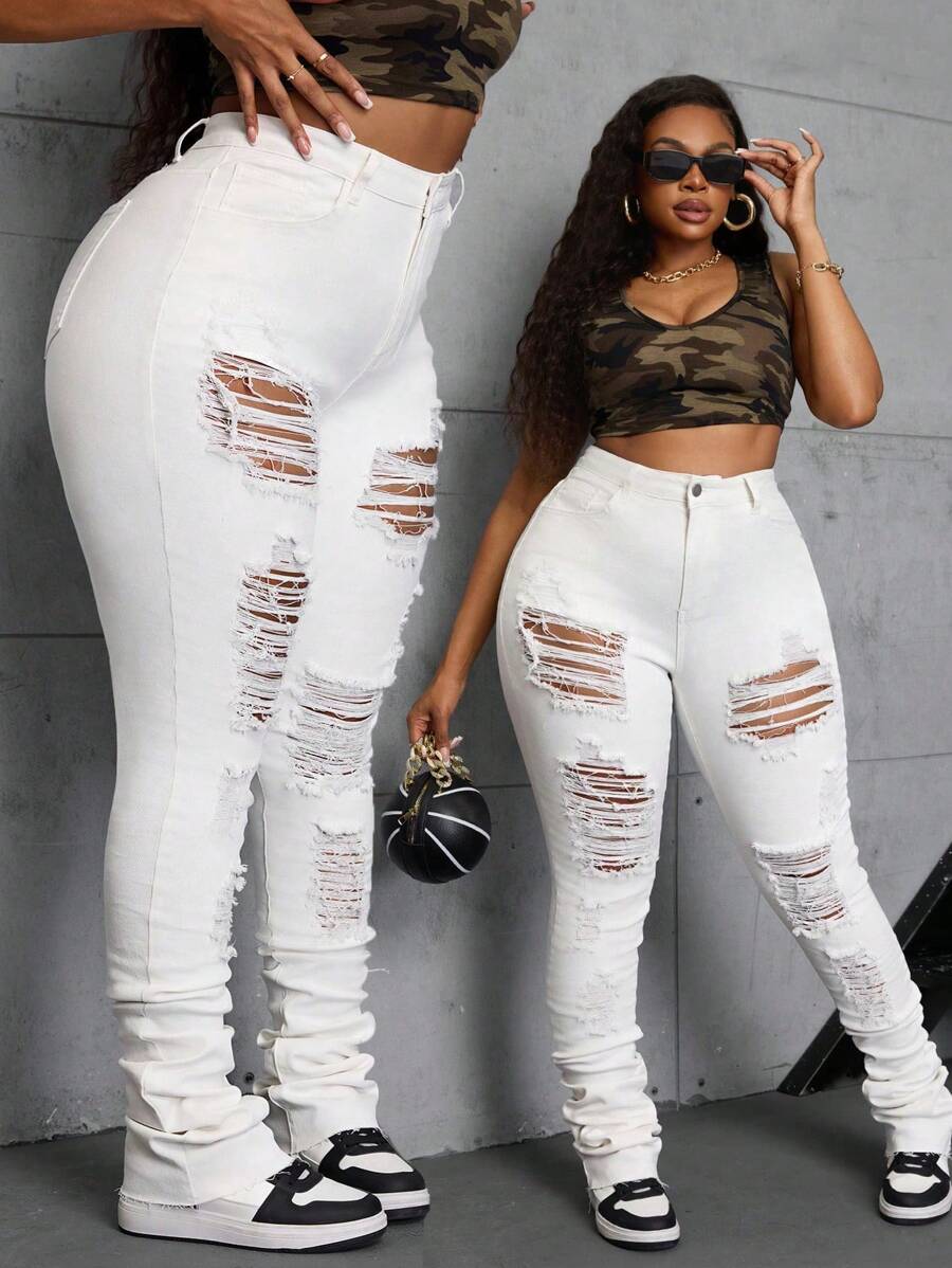Plus Size Women Stretch Denim Skinny Ankle Length White Jeans - White - View 1