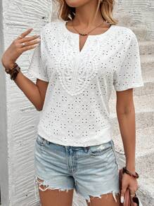 EMERY ROSE Women's Solid Lace Lantern Sleeve Crew Neck Top, Elegant For Workday And Everyday Wear