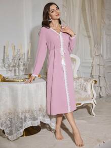 PalaceNights Color Block Lace Trim V-Neck Long Sleeve Women Sleepwear With Tassel Belt