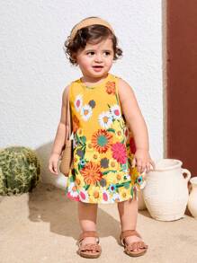 Baby Girl Mommy And Me Matching Outfits (2 Pieces Are Sold Separately)Yellow Summer Cute Floral Print Vacation Dress,For Spring/Summer