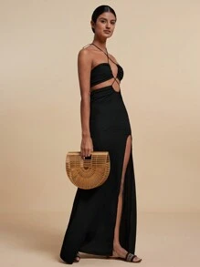 Travachic Summer Beach Woman Cut Out Split Thigh Halter Neck Backless Black Dress - Black - View 5