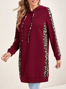 EMERY ROSE Women's Autumn Leopard Patchwork Long Sleeve Drawstring Hooded Long Sweatshirt - Red - View 5