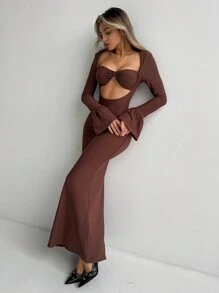 Aloruh Vestido extra largo sólido de color café con escote en V y diseño de recorte ajustado sexy para mujeres - Café - Ver 6