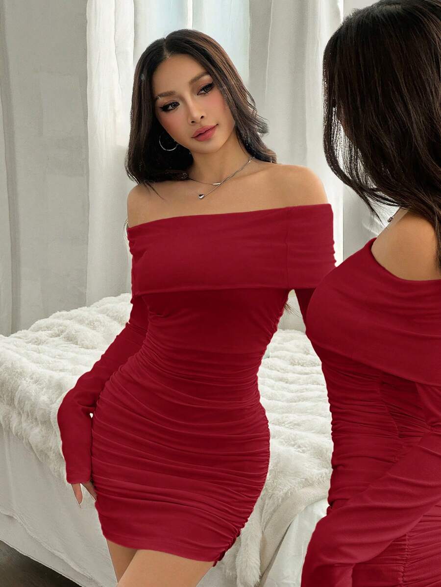 Muchica Women Solid Color Long Sleeve Red Fitted Off Shoulder Ruched Midi Dress - Red - View 1