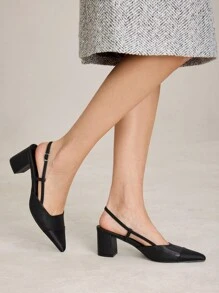 MOTF PREMIUM 女士简约纯色尖头搭扣露跟粗跟高跟鞋，适合通勤、新年假期、情人节、春季、春假、复活节、圣诞节等场合穿着。 - 黑色 - 查看 3
