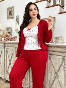 CottageSlumber Set de pijama de 3 piezas con estampado floral romántico en tallas grandes