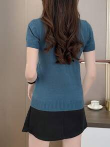 SHEIN LUNE Women's Solid Blue Mock Neck Short Sleeve Knit Top: A Basic Top For Effortless Style - Olive Green - View 2