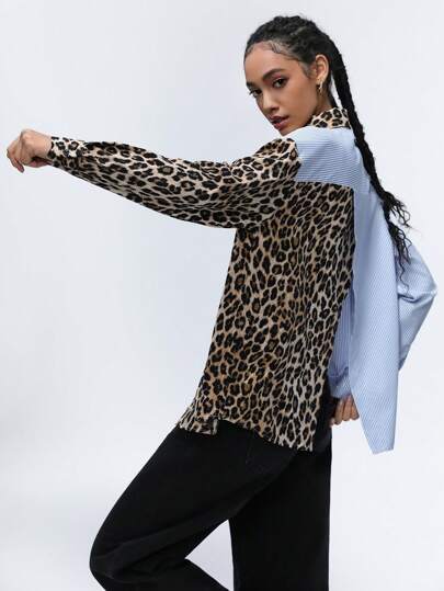 GENKIRA Women's Turn-Down Collar Striped Splice Random Leopard Color Block Long Sleeve Shirt, Spring Fall Cloth For Women