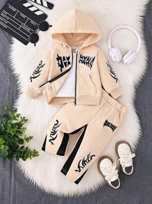 2pcs Baby Boys' Letter Embroidered Hooded Jacket And Pants Set, Soft & Comfortable Casual Style, Suitable For Autumn/Winter Outdoor, Travel, Daily Wear