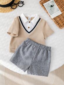 SHEIN 2pcs Baby Boy Casual School Style Short Sleeve Top And Shorts Set, Suitable For Summer, Suitable For Birthday Party, Evening Party, Performance, Wedding, Baby Shower, 1 Year Old Celebration