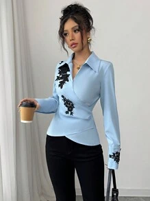 Elenzga Women's Elegant Long Sleeve Shirt, Crossover Collar, Half Placket, Ruffle Contrast Color Cuff Trim, Blue Woven Fabric, Spring/Summer