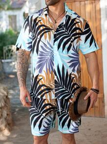 ResortEase 2pcs/Set Men's Minimalist Front Button Plant Print Short Sleeve Shirt & Shorts