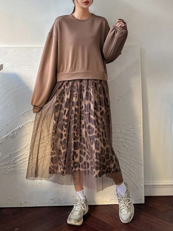 DAZY Rochie de damă cu imprimeu leopard, cu imprimeu contrastant din plasă, până la jumătatea gambei, cu imprimeu ghepard
