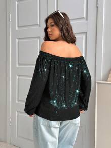 SHEIN EZwear Plus Size Women's Glamorous Loose Off Shoulder Sequin Party T-Shirt - Dark Green - View 2