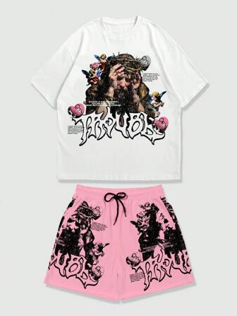 Street Life Ensemble t-shirt et short avec slogan et impression de figure pour hommes, style streetwear décontracté