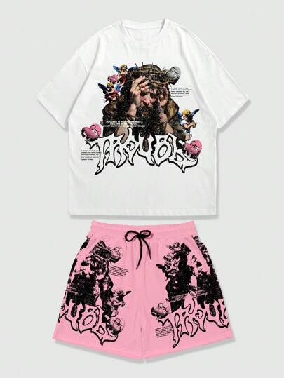 Street Life Completo uomo composto da Maglietta con stampa di slogan e figure, e pantaloncini, in stile casual da strada