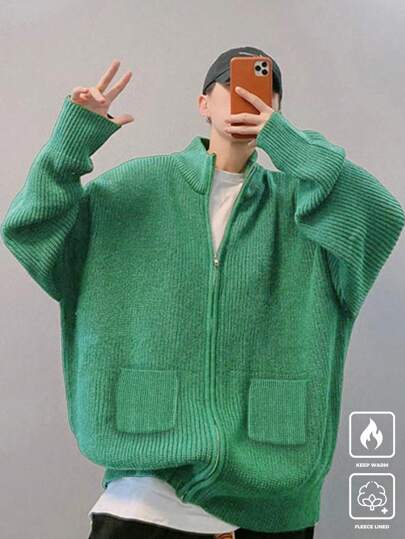 Manfinity CasualKnits 1pc Men's Solid Color Zip-Up Casual Cardigan, Autumn/Winter