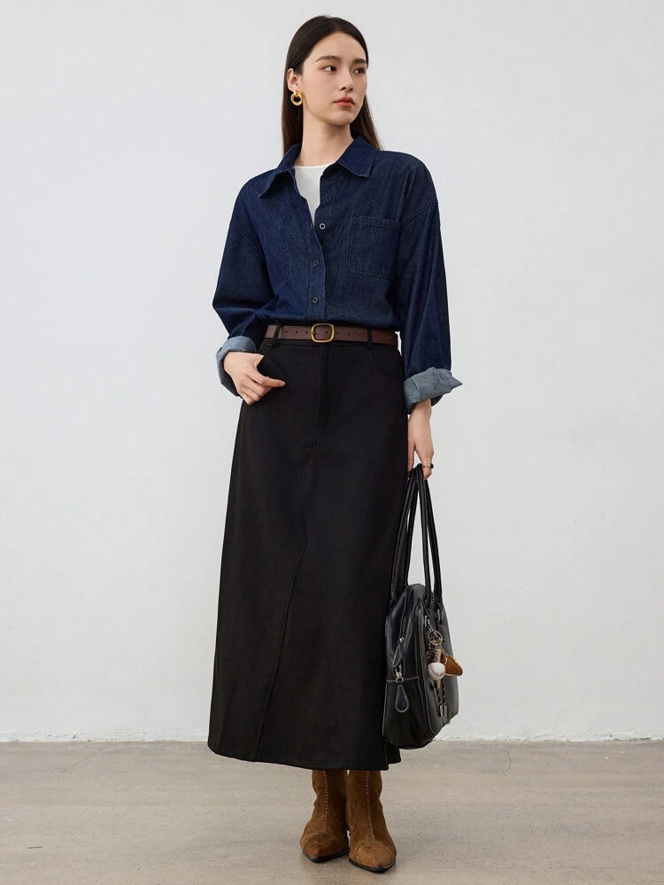 1pc Women Solid Color Pocket Minimalist Front Slit Skirt, Casual Everyday Wear Fall Skirts