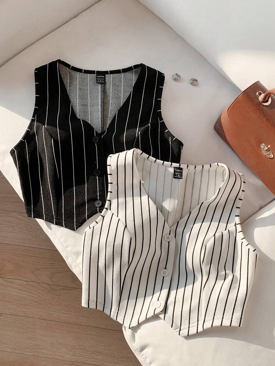 Comfortcana 2pcs Women's Striped Sleeveless Blazer Jacket In Fall/Winter - Black and White - View 1