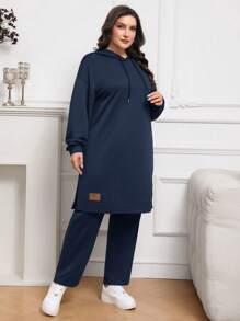 Mulvari Plus Size Solid Color Hooded Sweatshirt And Pants Casual Sportwear Set 2 Pieces Set - Navy Blue - View 5