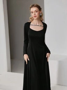 Modelyn Women Solid Color Black Long Sleeve Casual Long Dress Long Evening Dresses - Black - View 7