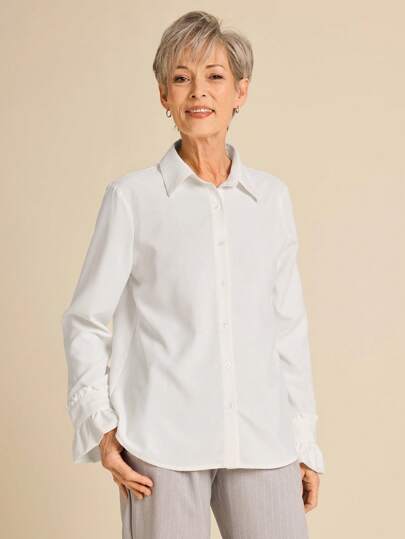 SHEIN LUNE Spring For Women Valentine's Day Office Wear Women Women's Solid Color Front Button Long Sleeve Casual Top, For Everyday Wear