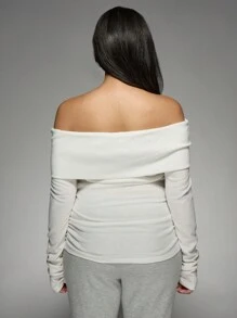 MISSGUIDED MISSGUIDED PLUS Blusa de manga larga con hombros descubiertos, cuello Bardot, fruncido, de punto suave para uso informal, de talla grande, moda de invierno y otoño con estiramiento