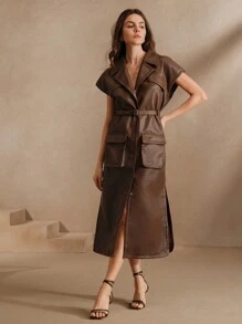 Anewsta Vestido de largo medio con solapa, abotonadura sencilla y unicolor para mujer - Café integral - Ver 4