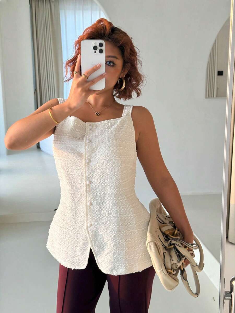 SHEIN Frenchy Plus Size Elegant Textured Fabric Sleeveless Open Front Shirt - Apricot - View 1