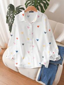 CosyJoli Chemise d'amour pour femmes grandes tailles, Top mignon, Top imprimé amour, chemise blanche décontractée, Top pour rendez-vous, hauts pour les vacations de la Saint-Valentin, hauts décontractés pour femmes, hauts mignons pour sortir, hauts décontractés pour femmes