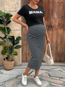 SHEIN Summer Casual 2pcs Nursing Outfit Set: Solid Color Short Sleeve Round Neck T-Shirt And Striped Printed Dress For Pregnant Women - Black and White - View 3