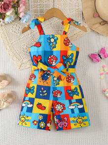 SHEIN Girls' Casual Printed Sleeveless Romper, Suitable For 4-7 Years Old, Spring/Autumn - Multicolor - View 3