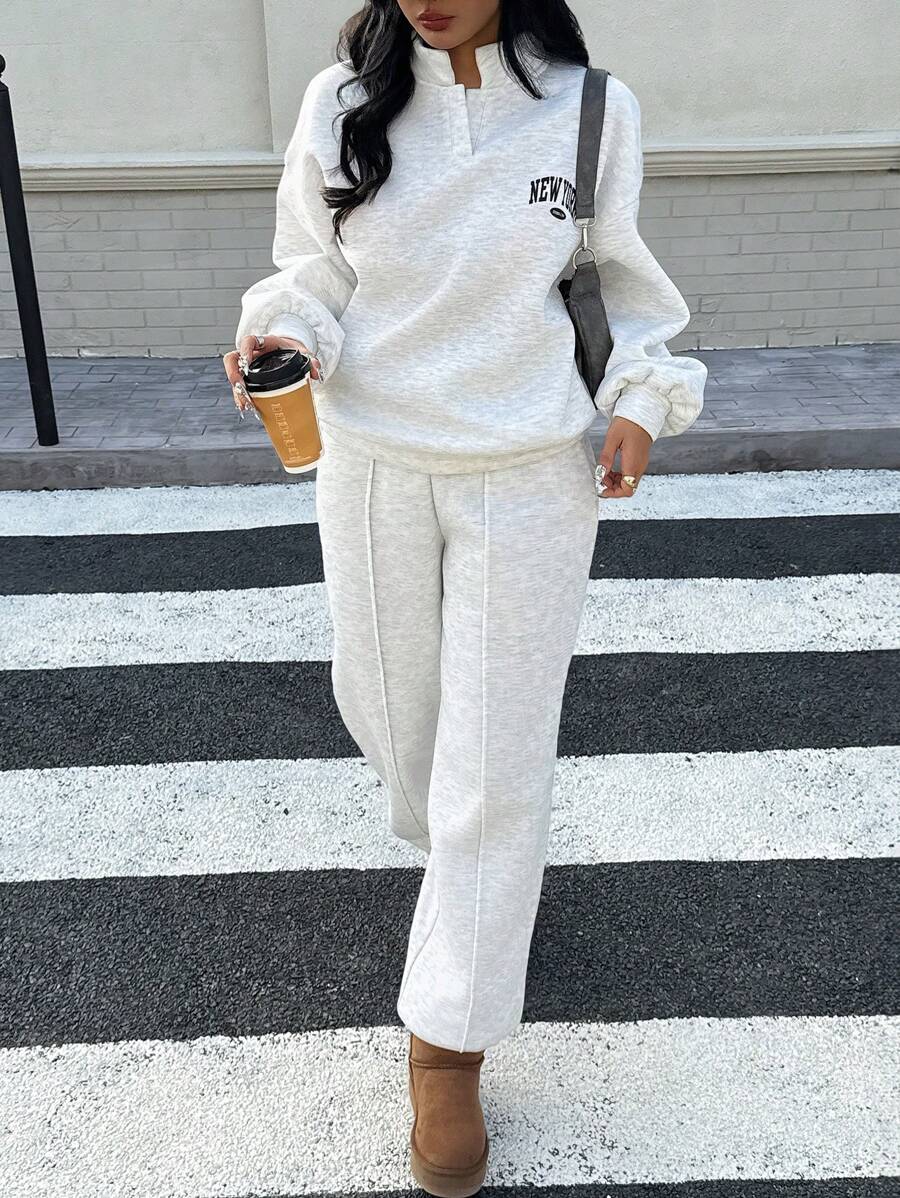 2pcs/Set Casual Letter Print Sweatshirt And Sweatpants, Autumn/Winter - Light Grey - View 1