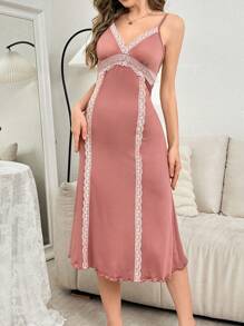 Contrast Lace Patchwork V-Neck Camisole Nightgown