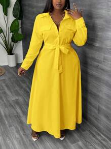 Slaydiva Fall Outfits Teacher Dress Commuter Elegance Women's Plus Size Maxi Women Dresses Long Shirt Style A-Line Dress In Mustard Yellow- With Waist Belt - Mustard Yellow - View 8