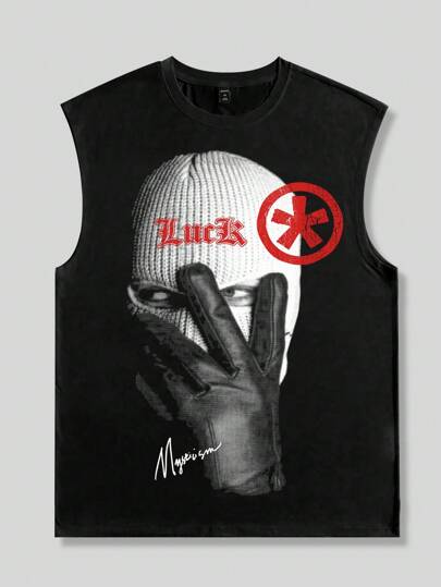 Street Life Chaleco casual de cuello redondo con estampado de letras y números para hombres