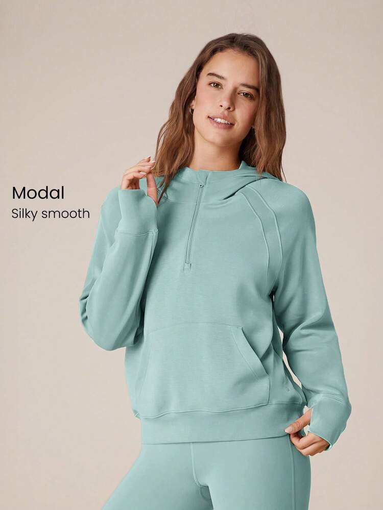 Modal Silk Touch Oversized Long Sleeve Half-Zip Hoodie Fall