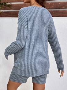 SHEIN Loose Sleeve Top Paired With Adjustable Waist Bodycon Shorts, 2 Pieces Maternity Set - Blue - View 2