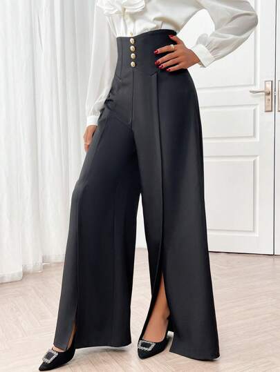 Modelyn 女士高腰纯色阔腿开叉长裤，休闲通勤风格