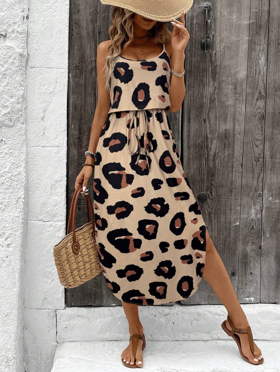 SHEIN LUNE Spring New Arrival Leopard Print Sleeveless Mock 2-In-1 Long Dress For Women - Brown - View 1