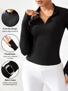 SHEIN Sport Studio Women Solid Color Front Zipper Long Sleeve Simple Fitted Sports Yoga Sweatshirt