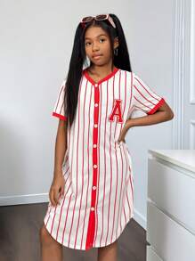 女童休闲基本款美式街头球队红色撞色短袖宽松纽扣式弧形下摆字母条纹连衣裙 - 彩色 - 查看 4