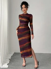 Chiquease 女士优雅渐变色褶饰网眼长袖紧身连衣裙 - 中紫紅色 - 查看 6