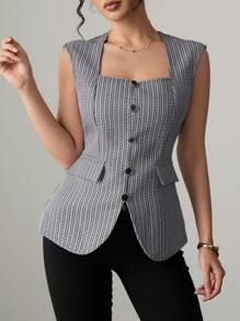 Chiquease Blusa elegante y versátil para mujeres con cuello cuadrado, sin mangas, ajustada a la cintura, de tweed
