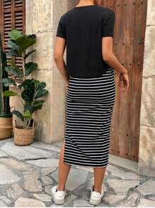 SHEIN Summer Casual 2pcs Nursing Outfit Set: Solid Color Short Sleeve Round Neck T-Shirt And Striped Printed Dress For Pregnant Women - Black and White - View 2