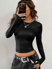 Coolane Women's Fall PU Leather Stretchy Comfy Black Slim Fit Round Neck Long Sleeve Tops