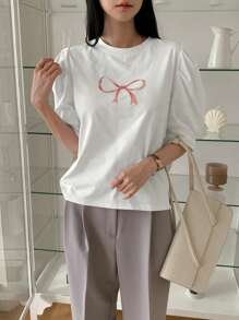 DAZY Spring/Summer New Bow Knot Printed Puff Sleeve Women T-Shirt, Stylish Cute Tops